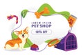 Pet shop sale poster or banner design template. Vector cartoon illustration. Animal foods, accessories and toys store