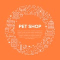 Pet shop vector circle banner with flat line icons. Dog house, cat food, bird, rabbit, fish, animal paw, bowl