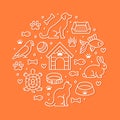 Pet shop vector circle banner with flat line icons. Dog house, cat food, bird, rabbit, fish, animal paw, bowl