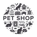 Pet shop vector circle banner with flat silhouette icons. Dog house, cat food, bird, rabbit, fish, animal paw, bowl