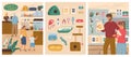 Pet shop vector illustration set. People with dog buying canine food in petshop. Animal store interior with aquarium and