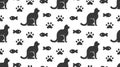 Pet shop vector seamless pattern with flat icons of sitting cat, paw and fish. Black kitten silhouette on white color