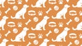 Pet shop vector seamless pattern with flat icons of sitting dog, collar, paw, toy ball and bone. White puppy silhouette