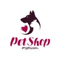 Pet shop or vet clinic logo. Animals, cat, dog icon or label. Lettering vector illustration