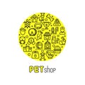 Pet shop and vet clinic vector logo with line icons of cats, dogs, goods for animals