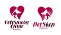 Pet shop, veterinary clinic logo. Animals, dog, cat, parrot icon or symbol. Label vector illustration