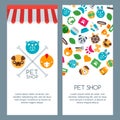 Pet shop, zoo or veterinary banner, poster or flyer template. Vector flat pets icons. Royalty Free Stock Photo