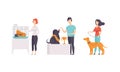 Pet Show Exhibition Set, Owners with Purebred Dogs and Cats Taking Part in Competition Vector Illustration