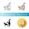 Pet sitting icon. Woman with dog on leash. Pet owner. Obedient domestic animal. Trainer service. Girl walk outdoor Royalty Free Stock Photo