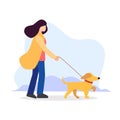 Pet sitting. Woman with dog on leash. Pet owner. Obedient animal. Vector isolated flat cartoon modern illustration in