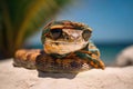 Pet Snake Wearing Beach Bandan. Generative AI