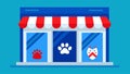 A pet store window showcasing red white and blue bandanas and toys for furry friends to celebrate Independence Day