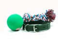 Pet supplies about collars of green and rope, rubber toys.