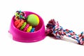 Pet supplies set about bowl, rope, rubber toys for dog Royalty Free Stock Photo