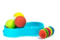 Pet supplies set about bowl, rubber toys for dog or cat on white Royalty Free Stock Photo