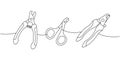 Pet supplies set. Scissors for pets grooming, pet nail clippers continuous one line illustration. Vector linear