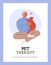 Pet therapy banner or card with woman petting a cat, flat vector illustration.