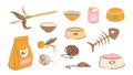 Pet toys and food. Cats bowls, teasers, carrier and other accesories. Vector illustration