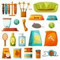 Pet toys, food nutrition, care accessories icons Royalty Free Stock Photo