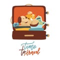 Pet travel. A cute dog, cat and hamster sitting in an open suitcase with vacation accessories. Flat vector illustration for travel Royalty Free Stock Photo