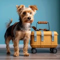 Pet travel essentials Cute dog poses with carrier, blue background