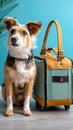 Pet travel essentials Cute dog poses with carrier, blue background