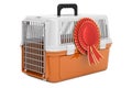 Pet travel plastic cage with best choice badge, 3D rendering Royalty Free Stock Photo