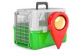 Pet travel plastic cage with map pointer. 3D rendering Royalty Free Stock Photo