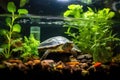 pet turtle inside a water terrarium with plants