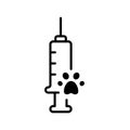 Pet vaccination icon. Logo of animal chipping. Black illustration of microchip implantation with syringe, injection. Contour