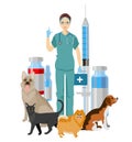 Pet veterinarian. Veterinary doctor checking and treating animals. Idea of pet care. Veterinarian dogs cat characters