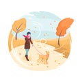 Pet walking in autumn wind, girl and dog isometric