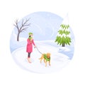 Pet walking in winter snow cold, woman and dog