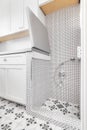 A pet wash station in a laundry room with patterned tiles.