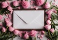 petals pink spring flowers table marble mockup envelope wooden template close Romantic white tray Blank up