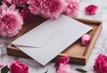 petals pink spring flowers table marble mockup envelope wooden template close Romantic white tray Blank up