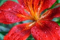 Petals of a red lily with drops of water after a rain