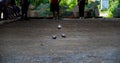 Petanque balls in the playing field, Ball of petanque is iron for throw in relaxing time Royalty Free Stock Photo