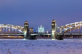 Peter the Great Bridge and Smolny Cathedral in Saint-Petersburg with lights in the winter night Royalty Free Stock Photo