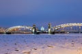 Peter the Great Bridge and Smolny Cathedral in Saint-Petersburg with lights in the winter night Royalty Free Stock Photo