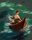 Peter Pan on a boat floating away the trailing waves gently nudging Wendys heart ashore. Psychology emotions concept. AI