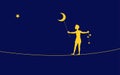 Peter Pan silhouette, boy going on the rope and holding moon and stars, on the heavens, dream,