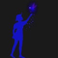 Peter pan silhouette with fairy and blue sparckle,