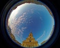 Peter and Paul cathedral iin Peter and Paul Fortress. Fish eye lens creating a circular super wide angle view. Royalty Free Stock Photo