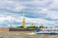 The Peter and Paul Fortress citadel, Saints Peter and Paul Cathedral with gold spire, fortress walls on Zayachy Hare Island Royalty Free Stock Photo