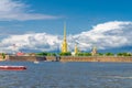 The Peter and Paul Fortress citadel, Saints Peter and Paul Cathedral Orthodox church with gold spire, fortress walls Royalty Free Stock Photo