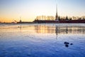 Russia, St. Petersburg, March 4, 2018: Peter and Paul Fortress at sunset. View from the frozen Neva River