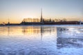 Russia, St. Petersburg, March 4, 2018: Peter and Paul Fortress at sunset. View from the frozen Neva River