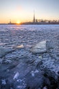 Russia, St. Petersburg, March 4, 2018: Peter and Paul Fortress at sunset. View from the frozen Neva River