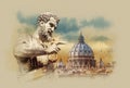 Peter's Basilica, the sculpture of St. Peter, Vatican, Italy, watercolor sketch. Watercolor sketch Peter's Basilic Royalty Free Stock Photo